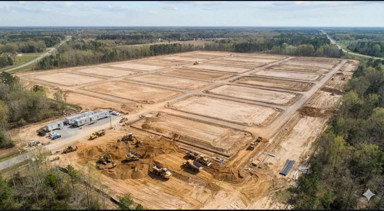 Large industrial development site under grading and infrastructure construction